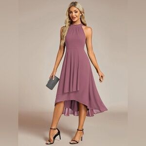 🆕 Midi Halter Neck Chiffon Wedding Guest Dress with Sleeveless and A-Line